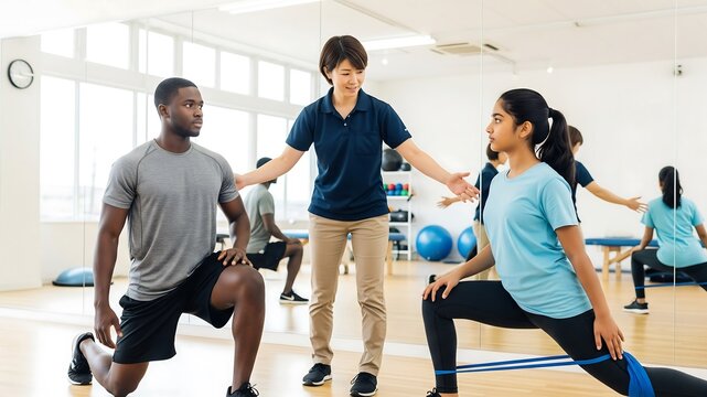 Assisted Fitness Training: A diverse group of individuals receives guidance from a physical therapist, performing stretching and strengthening exercises in a well-lit training studio.