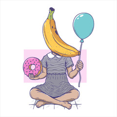 Banana head girl with balloon, hand drawn illustration vector design.