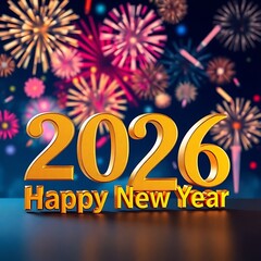 2026 Happy New Year" in glowing neon lights with a futuristic cityscape background