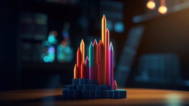 a surreal, abstract, dreamlike sculpture, made of colorful pencils or crayons, standing tall and vibrant, against a dark, moody background with blurred lights, highly detailed, cinematic lighting, dra