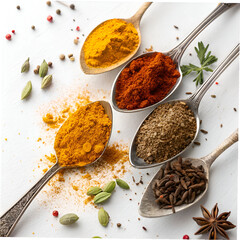 indian spices in spoons on white background