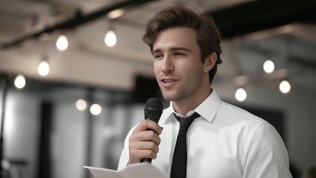A comedian tests a stand up routine in a casting room with a microphone in hand a notebook open a casting director laughing and a clock ticking depicted in a humorous photo