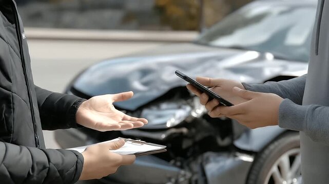 A driver their jacket zipped exchanges information with another their hands clutching a phone. A car&rsquo;s fender its metal crumpled bears scratches. A notepad its pages creased