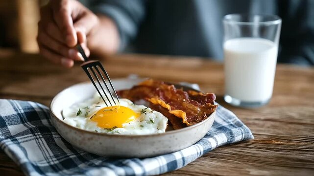 A farmer their hands calloused eats fried egg and bacon at a wooden table its grain rough under a checkered cloth. The egg its yolk runny sits beside bacon strips their