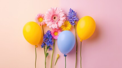 Birthday card template with colorful balloons and flowers on pastel background, spring banner design with copy space, professional color grading and lighting, isolated on white.