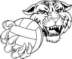 A tiger volleyball animal sports mascot holding a volley ball in his claw