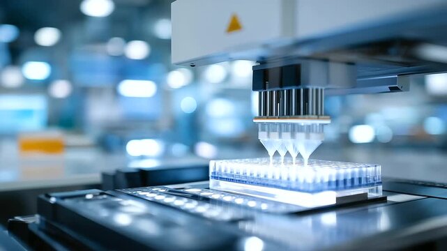 A scientist calibrates a telomere assay in a high throughput lab with robotic pipettors dispensing multi well plates filling screens showing results and technicians monitoring