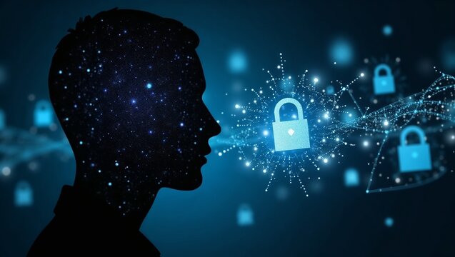 Conceptual Cybersecurity Firewall Protecting Personal Data and Digital Identity Within a Human Silhouette