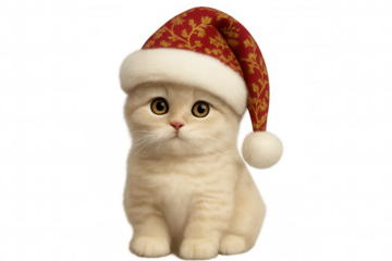Kitten wearing a festive santa hat, celebrating christmas holidays with a cheerful and cute expression on transparent background