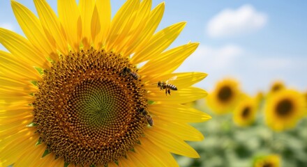 Obraz premium Close up view of a sunflower in a field with bees collecting nectar