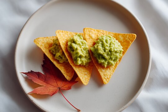 Minimalist nacho trio with guacamole cheese and bean dip on white plate with autumn accent