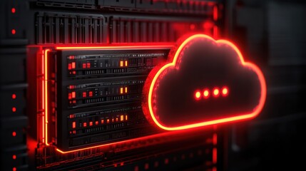 Obraz premium Cloud computing server rack glowing red neon