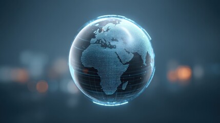 Futuristic 3D Representation of Earth with Blue Digital Grid Overlay and Soft Background Effect for Global Connectivity and Technology Themes