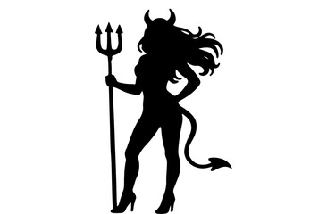 Seductive black silhouette of a female devil with horns, tail, and trident for Halloween.