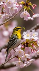 Beautiful Yellow Bird in Cherry Blossom Trees.