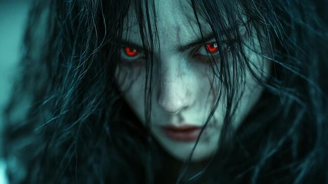 Furious Dark Haired Woman with Glowing Red Eyes Staring Menacingly.