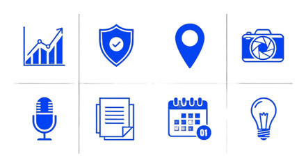 Modern business icons for growth, security, location, photography, audio, documents, planning, and innovation, perfect for digital projects.