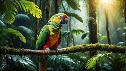 Vibrant Parrot Perched on Branch in Lush Tropical Rainforest with Sunlight Filtering Through Trees