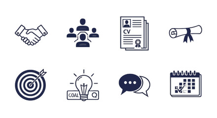 Achieve business success with teamwork, goals, and planning represented by icons including handshake, team, CV, graduation, target, lightbulb, chat, calendar