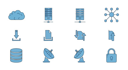 Modern data storage and transfer icons representing cloud computing, server architecture, download, upload, and secure network connections