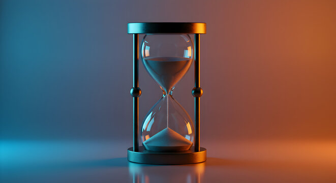 A minimalist hourglass glowing under warm orange and blue tones, representing the passage of time and patience.