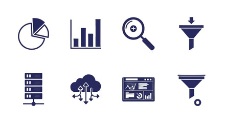 Modern data analysis icons depicting business statistics, cloud computing, and data processing for professional presentations and reports