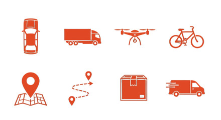Modern delivery icons showcasing transportation methods like cars, trucks, drones, bicycles, and logistics for fast shipping and efficient services