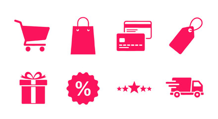 Shopping icons: Cart, bag, credit cards, tag, gift, discount, stars, and delivery truck perfect for e-commerce designs
