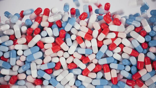 Red, white, and blue capsules falling and filling the screen. Ideal for medical or pharmaceutical topics.  4K ProRes 4444 animation with a transparent background (alpha channel).