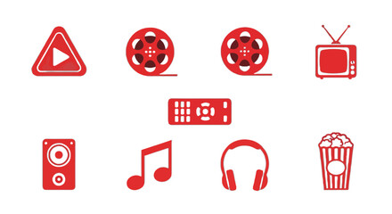 Entertainment icons representing home cinema, music, and media consumption, perfect for app interfaces and modern designs, originally a scalable vector graphic