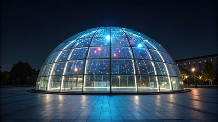 Obraz premium Futuristic glass dome illuminated at night, showcasing glowing interior with vibrant lights and modern architectural design