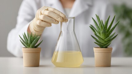Scientist in Lab Coat Conducting Experiment with Plants and Yellow Liquid in Laboratory Setting for Research and Development Purposes