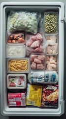 top view, studio photo, a lot of food inside of a white plastic chest freezer with some frozen walls and the door is open, there are a pack bag of frozen peas, meat, transparent plastic bag with chick
