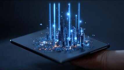 Futuristic digital city model rising from tablet screen dark background - Powered by Adobe