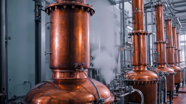 Copper stills in a distillery producing alcoholic beverages.