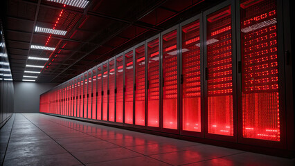 Glowing red data center server room with illuminated racks, showcasing advanced technology and cybersecurity infrastructure