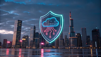 Glowing holographic shield with cloud icon and circuit design hovers over cityscape at dusk, symbolizing secure cloud technology
