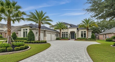 Naklejka premium Lavish suburban residence amidst tropical foliage evoking upscale real estate charm and tranquility