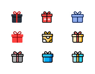 Collection of Colorful Gift Box Icons: Various Designs with Ribbon Bows Representing Presents, Holidays, Surprises, and Special Occasions