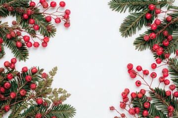 Christmas Frame With Red Berries And Fir Branches On White Background