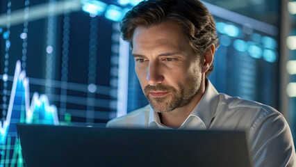Focused financial analyst working on laptop with glowing holographic charts and data in background, showcasing modern office setting