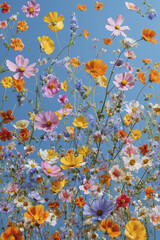 Wildflowers blooming against a clear blue sky on a sunny summer day. Vibrant natural scenery, peaceful atmosphere, and the beauty of untouched countryside.
