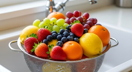 Fresh assorted fruit in colander ready for washing delicious healthy eating kitchen scene.