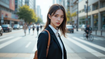 Fototapeta premium Young Woman in Professional Attire Walking Through Urban Crosswalk in a Bustling City Street