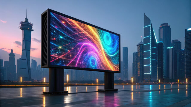Futuristic holographic billboard displaying vibrant AI generated abstract art in modern cityscape during twilight, evoking innovation