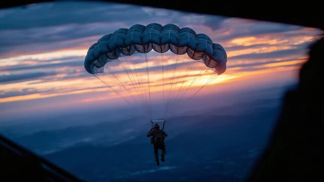 A stunning silhouette captures a paratrooper's parachute fully deployed, drifting below a C-130 against a glowing horizon.