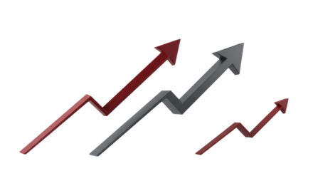 Five sleek, modern grey and deep red arrow icons, geometric ascending progression on transparent background, no shadows, commercial photography, forward momentum concept