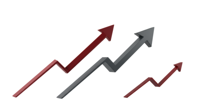 Five sleek, modern grey and deep red arrow icons, geometric ascending progression on transparent background, no shadows, commercial photography, forward momentum concept - Powered by Adobe