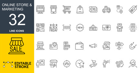 Online Store and Marketing Line Icon Set, 32 Editable Stroke Symbol, 
Sale, Shopping, E-Commerce, Promotion, Social Media Outline Icons, Editable Thin Line Icons for Digital Store, Discount, Shopping
