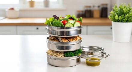 Healthy stacked food containers for fresh meal prep and on-the-go lunches.